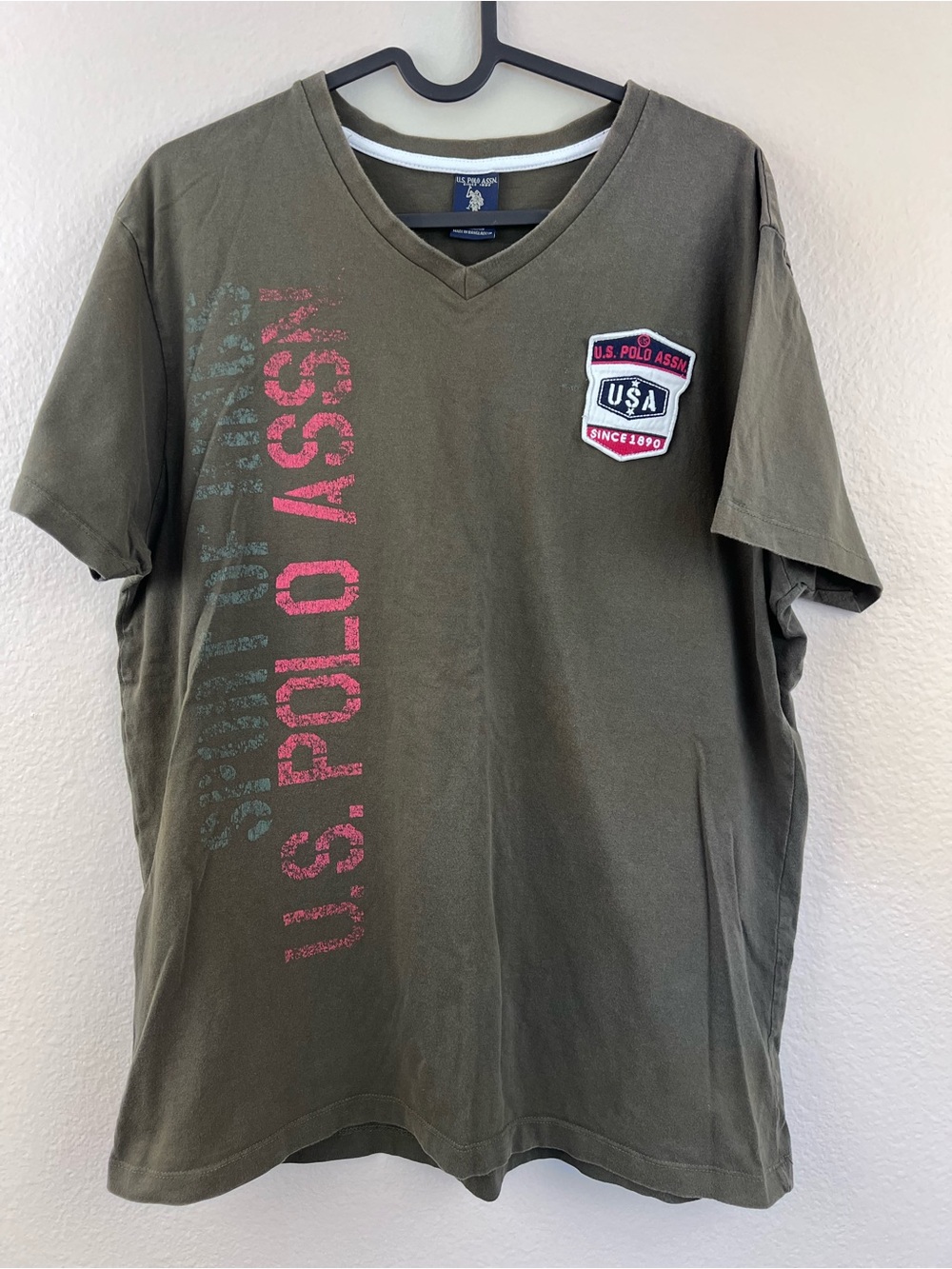U.S. Polo Assn. Olive V-Neck Logo Tee with Red Vertical Script